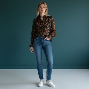 Tomorrowland Black Sheer Floral Blouse Puff Sleeve Button Up Japan Sz 38 Medium